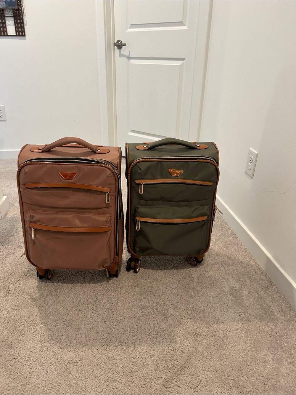 Ellen Tracy Olive and Brown Spinner Luggage Duo